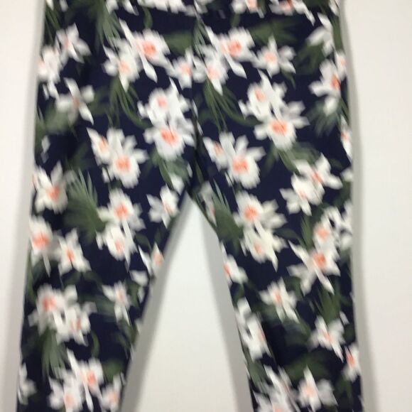 Navy exotic flower leaf print stretchy jeans pants waist 33” inner leg 26 1/2” - Picture 2 of 7